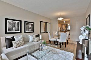 A living room with furnishings in a Villa Charities apartment for independent seniors.