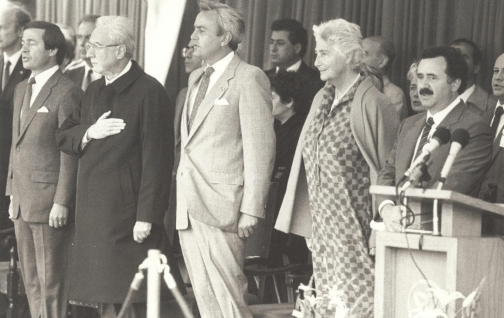 Italian President Francesco Cossiga (left to right), officiated at the unveiling of a cornerstone for the new Joseph Fusco Memorial Wing