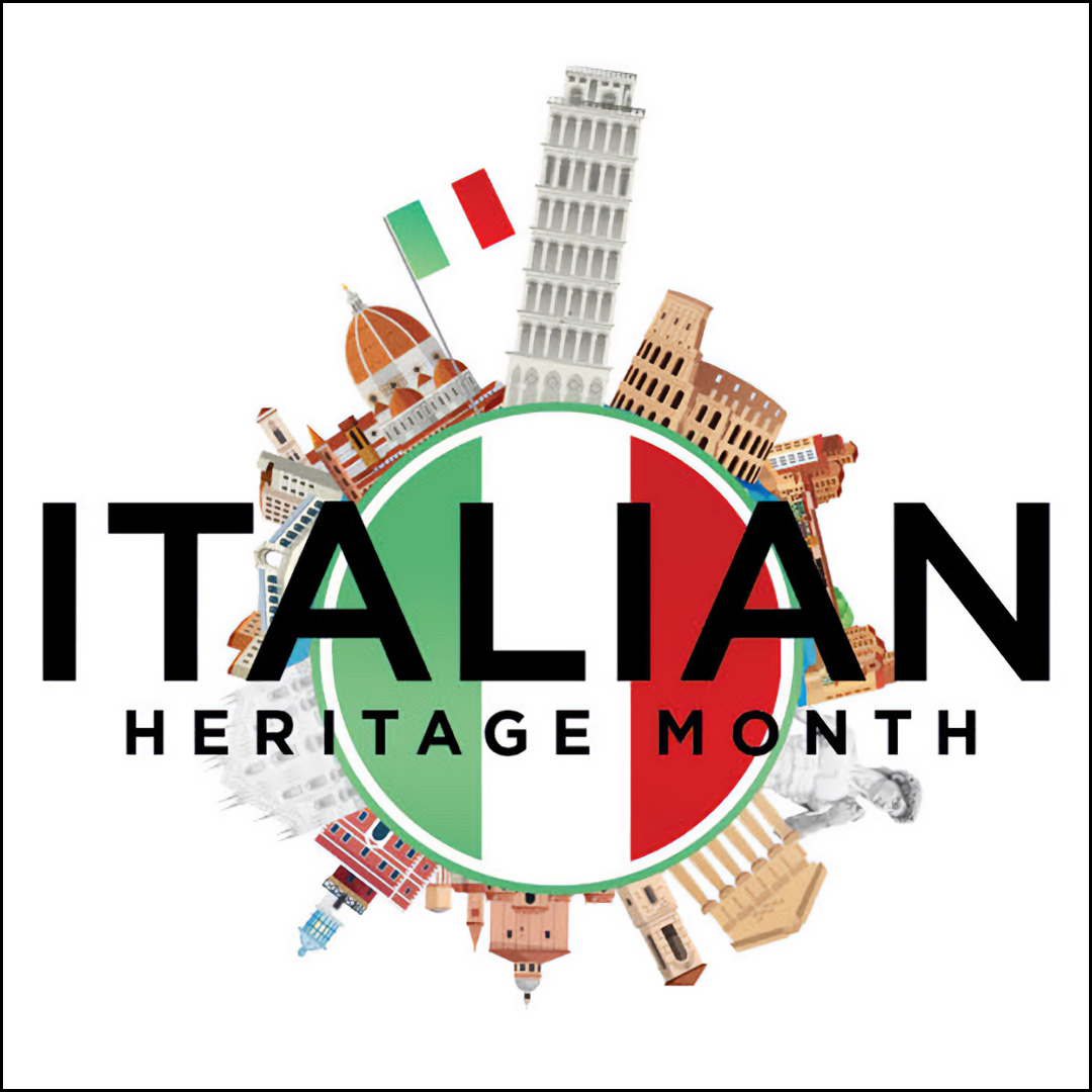 Logo of Italian Heritage month showcasing different famous aspects of Italy