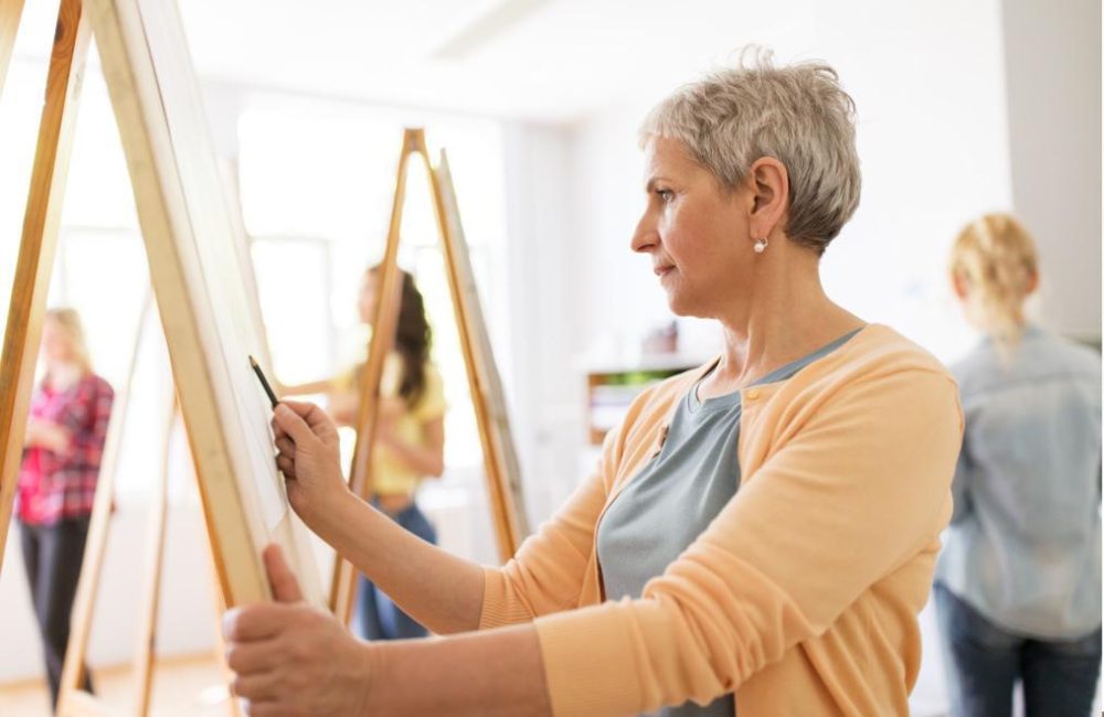 An art workshop with adult students painting on a canvas.