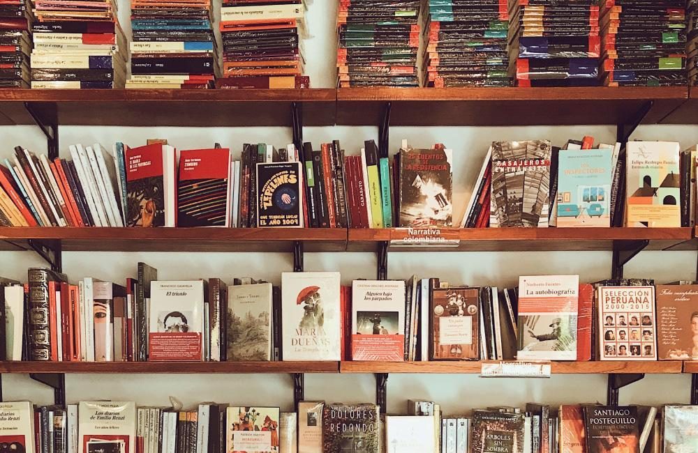 Bookshelves with a series of books.